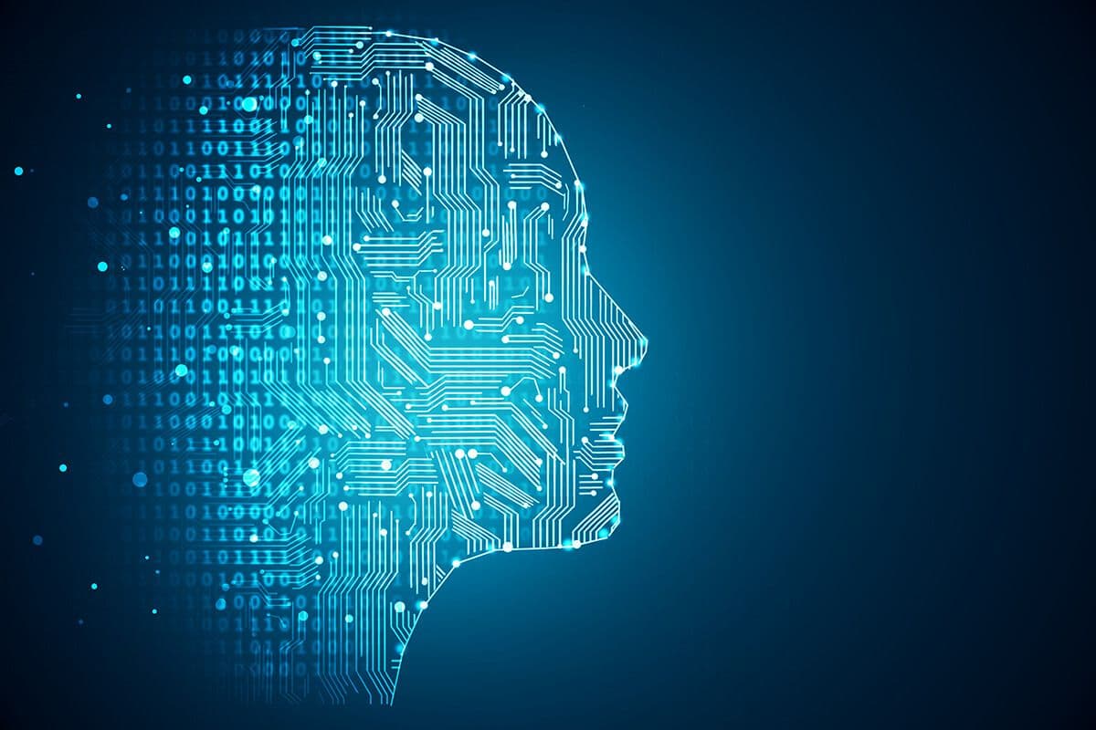AI outline of a human head made up of numbers, connective wires and nodes