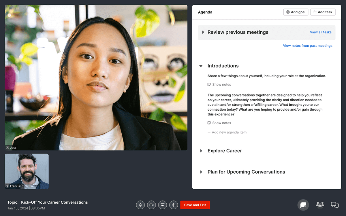 Man and woman having a Guided Conversation on the Chronus platform