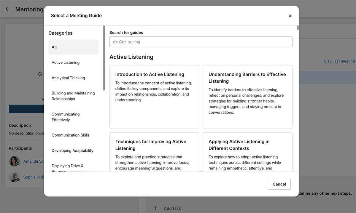 The menu of 500+ agendas for Guided Mentoring sessions for mentors and mentees to choose from, such as Introduction to Active Listening or Understanding Barriers to Effective Listening.